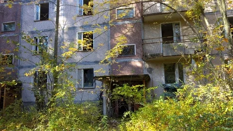 Streets and Buildings of Ghost Town Pripyat, Chernobyl Exclusion Zone, Ukraine Stock Footage 78854445