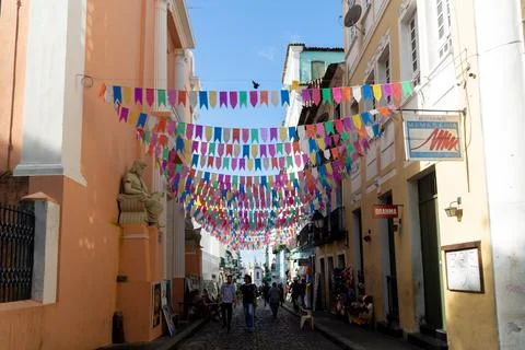 Streets and houses of Pelourinho decorated with colorful flags for the feas.. Stock Photos