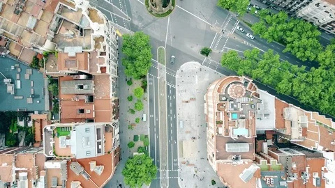 Streets and residential houses in Barcelona, Spain, top view. 4K aerial video Stock Footage