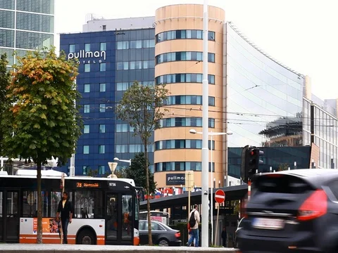 Streets of Brussels in front of the station Gare du Midi. STIB Stock Footage 80427357