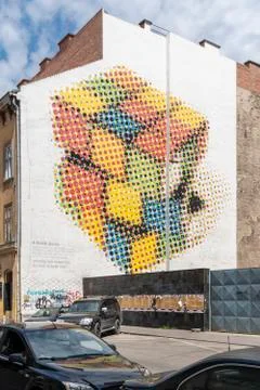 Streets of Budapest, mural dedicated to the magic Rubik's cube. Stock Photos