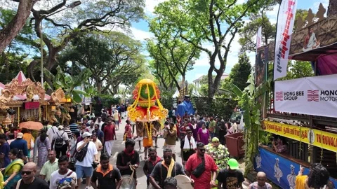 Streets come alive with devotion as kavadi bearers parade Stock Footage 318100068