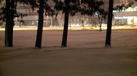 Streets covered with snow during the night, view behind trees 2 Stock Footage 10820290