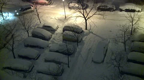 Streets covered with snow during the night, parking Stock Footage 10820400