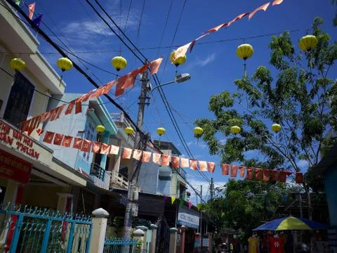 Streets decorated with flags Stock Photos