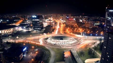 Streets of Katowice at night from a drone. Roundabout and skyscrapers Video stock 127102461