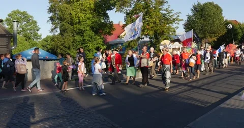 The streets of Leba, Poland during the Kite parade of International kite Stock Footage 54206136
