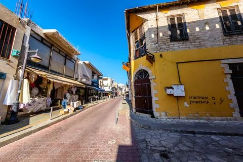 The streets of the Limassol old town with tiny shops and cafes. Stock Photos