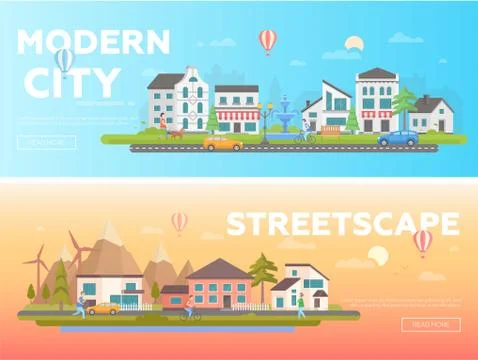 Streetscape - set of modern flat vector illustrations Stock Illustration