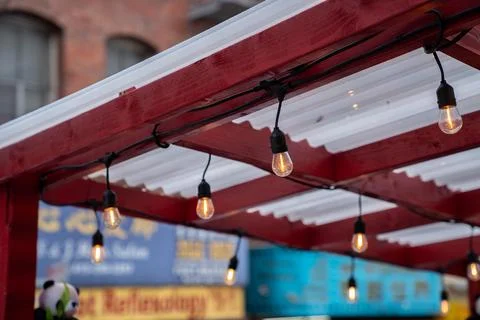 Streetside awning for outside dining Stock Photos
