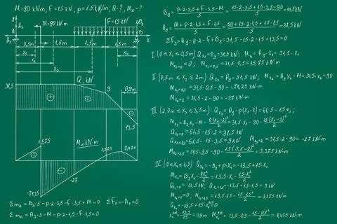 Strength of materials formulas drawn by hand on the green chalkboard for th.. Stock Illustration