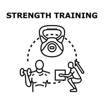 Strength training vector concept with gym equipment and exercises Stock Illustration