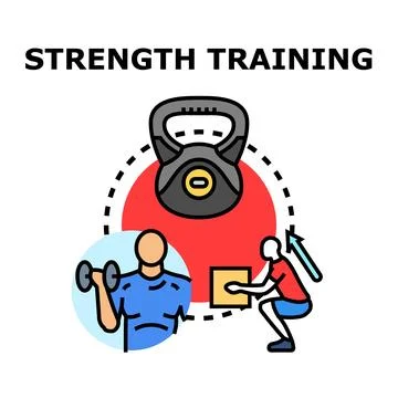 Strength training vector concept with gym equipment and exercises Stock Illustration