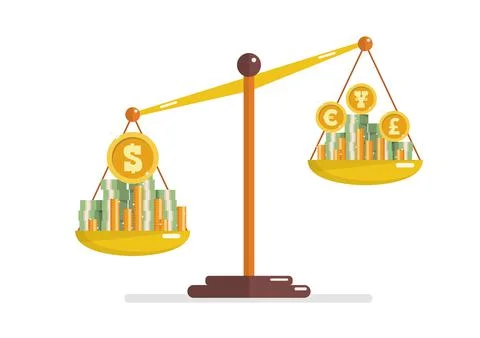 Strength of US dollar compare with another currency on balance scale Stock Illustration