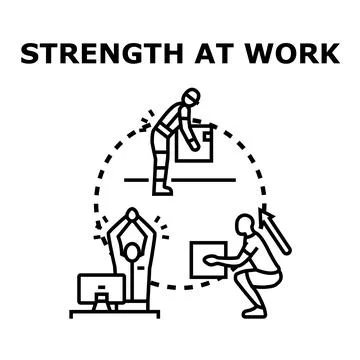 Strength at work concepts illustrating proper lifting and desk stretching Stock Illustration