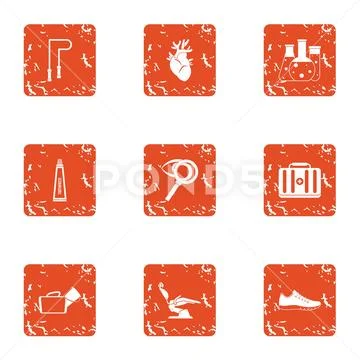 Strengthening icons set, grunge style Stock Illustration