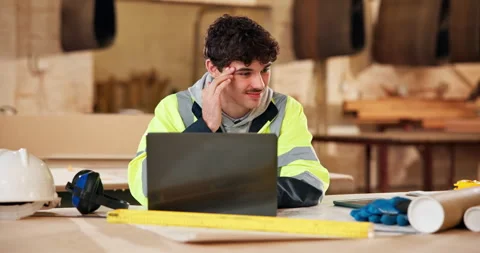 Stress, architect and headache at workshop with laptop, glitch and design error Stock Footage 337987392