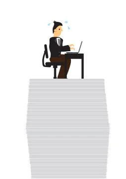 Stress businessman on top of documents doing work. Concept of overwork, offic Stock Illustration