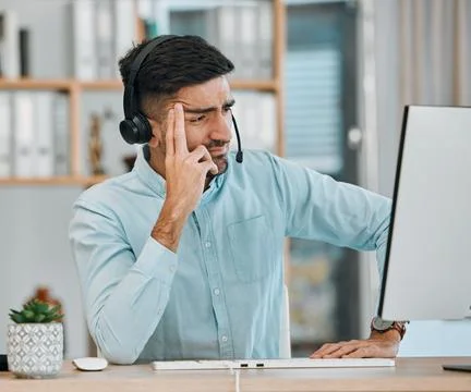 Stress, call center problem or man at computer, telemarketing agency and fail of Stock Photos
