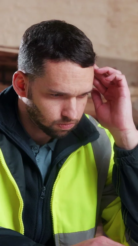 Stress, carpenter or confused man in workshop with brain fog, burnout or Stock Footage 338425011