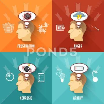 Stress concept 4 flat icons square Stock Illustration