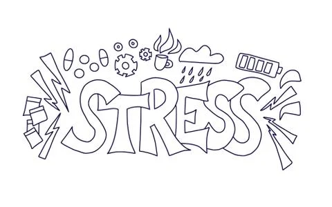 Stress concept. Stylized text and symbols of fatigue isolated on white backgr Stock Illustration