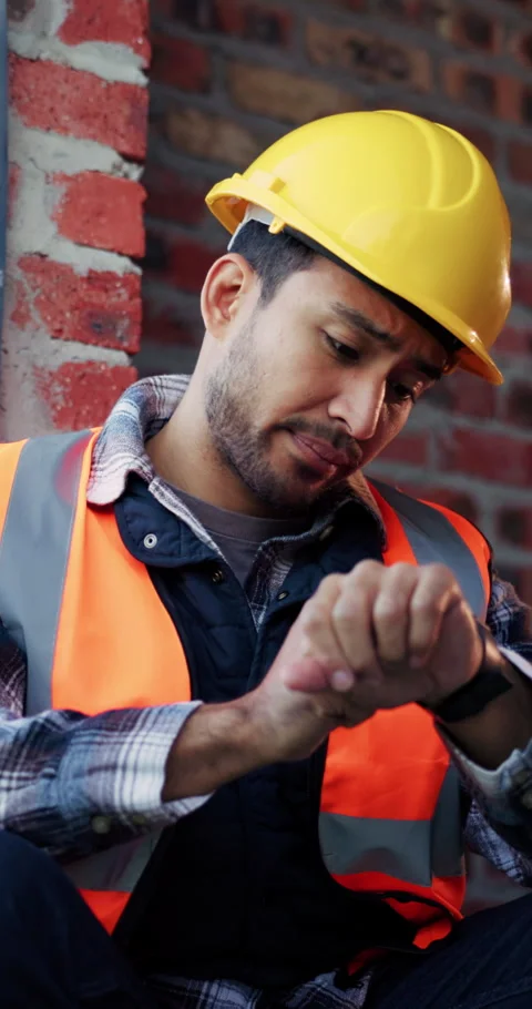 Stress, contractor or man with watch at construction site, building material Stock Footage 336246022