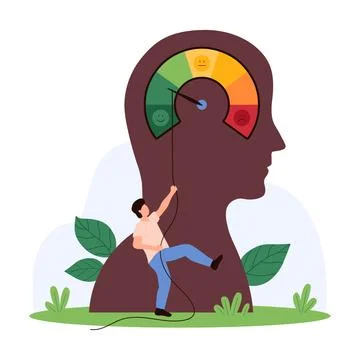 Stress control when problems overload mind of tiny man pulling arrow on Stock Illustration