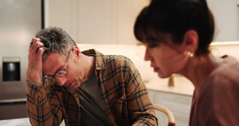 Stress, couple and argument in kitchen for marriage problem, divorce and toxic Stock Footage 339150758