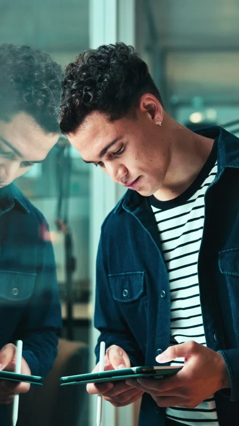 Stress, creative and man with tablet in office for canceled project, reflection Stock Footage 343548977