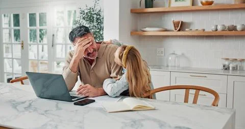 Stress, father and remote work in home with child, interruption and pressur.. Stock Photos