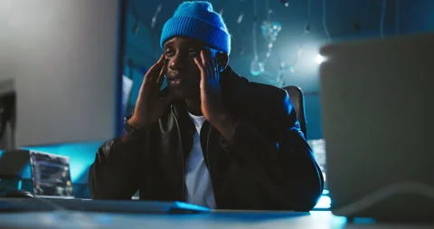 Stress, hacking and black man with mistake, computer and risk for crisis, online Stock Footage 309815449