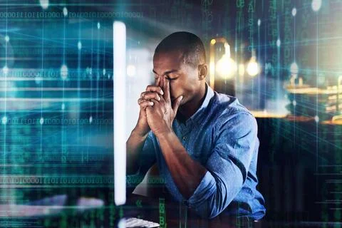 Stress, headache and code overlay of a black man doing computer work for Foto stock