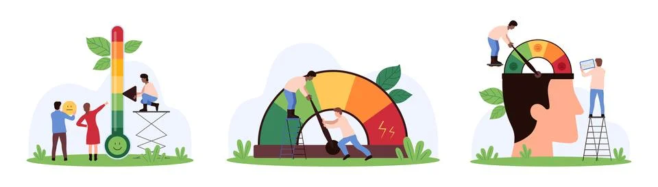 Stress level management set, tiny people control negative positive mood, reduce Stock Illustration