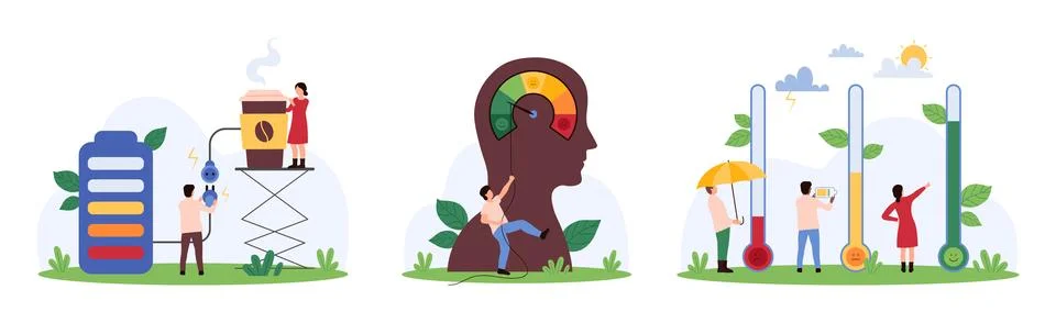 Stress level management set, tiny people charge battery with coffee, pull arrow イラスト素材