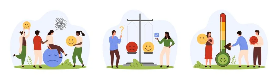 Stress level meter for customer feedback set, tiny people control mood of Stock Illustration