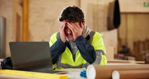 Stress, man and architect at workshop with laptop, website glitch and design Stock Footage 337986973