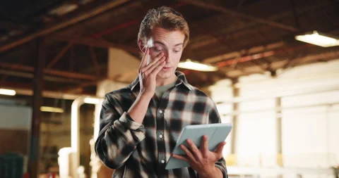 Stress, man and carpenter with tablet in workshop for mistake on furniture Stock Footage 341313571