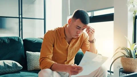 Stress, man and reading document at house financial crisis, payment notice and Stock Photos