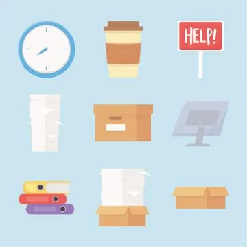 Stress office work clock coffee cup paperwork computer icons Stock Illustration