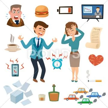 Stress people pressure workplace tired unhappy adult sad problem frustration set Stock Illustration