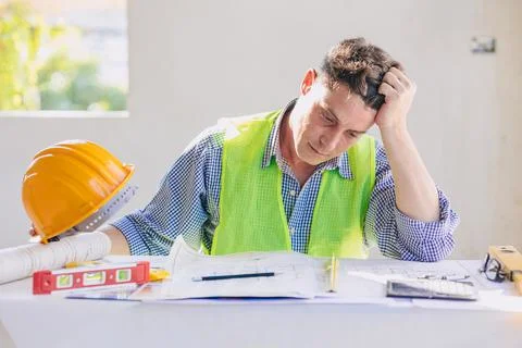 Stress problem construction engineer builder architect hard work for plan d.. Stock Photos
