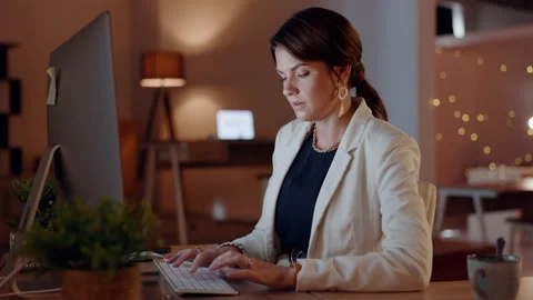 Stress, problem solving on computer with a business woman at night, working in Stock Footage 237013578