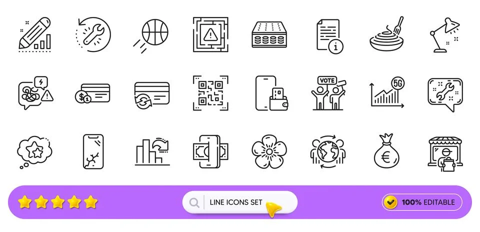 Stress, Qr code and Decreasing graph line icons for web app. Pictogram icon Stock Illustration