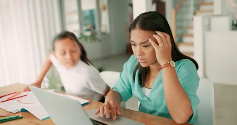 Stress, remote work or mother with child, laptop or problem on online project Video stock 254918522