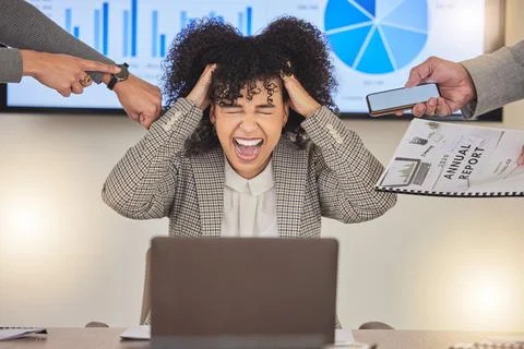 Stress, screaming and overworked with black woman and laptop for compliance Stock Photos