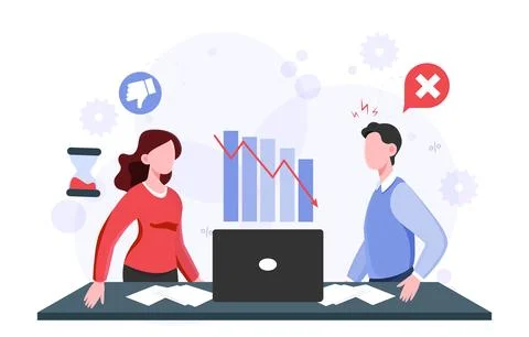 Stress situation at work. Man and woman near falling graph. Bankruptcy and Stock Illustration