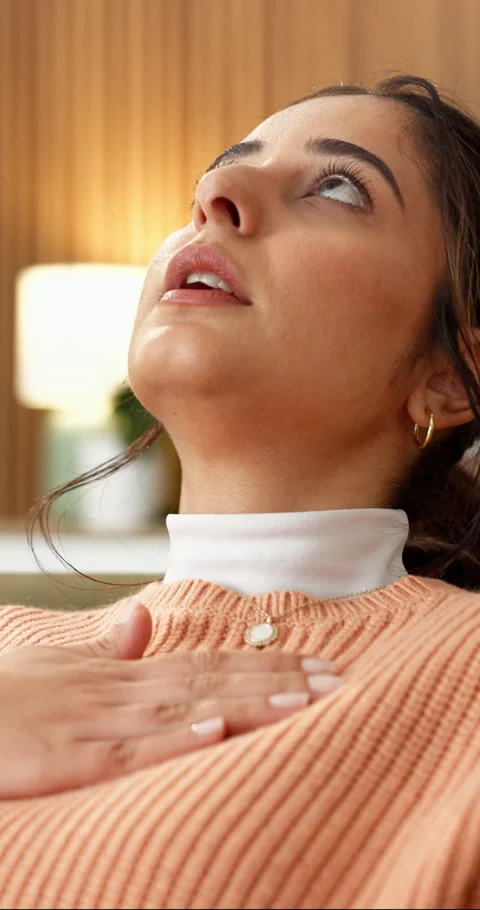 Stress, tapping and eft with woman in home for somatic technique, calm and self Stock Footage 337507111