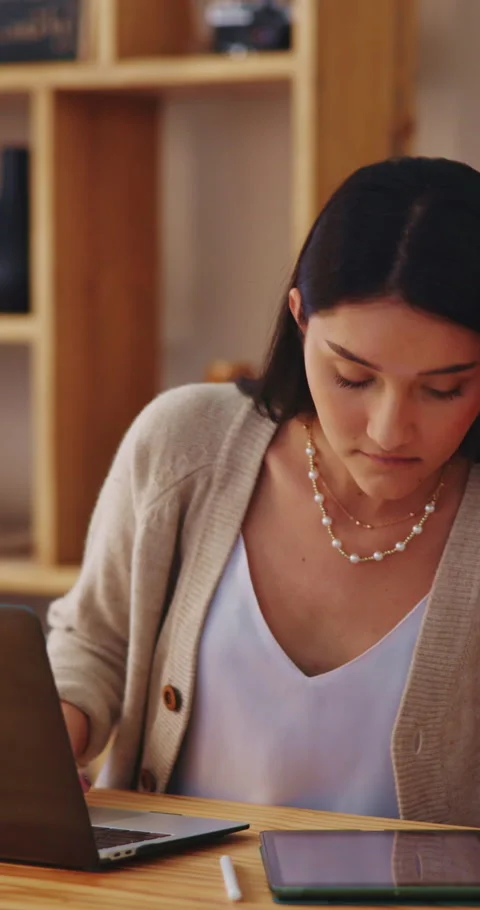 Stress, technology and student in home with internet connection, online website Stock Footage 339047899