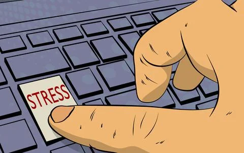Stress word on computer keyboard. Man push keypad on laptop. Comic book style Stock Illustration
